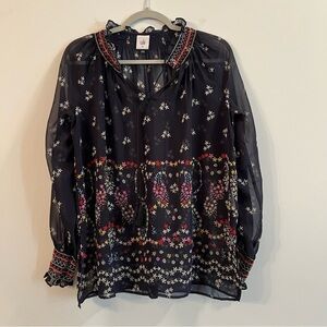 Women’s CAbi blue floral sheer long sleeve tunic blouse size XS
